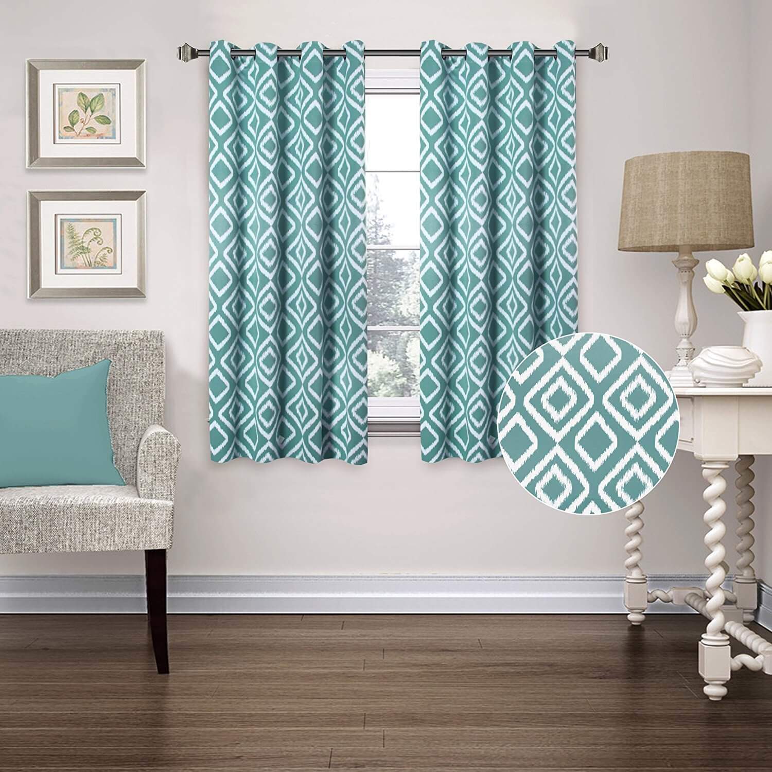 FlamingoP blackout curtains Ikat Fret Teal Unlined Thermal Insulated Window Curtains
