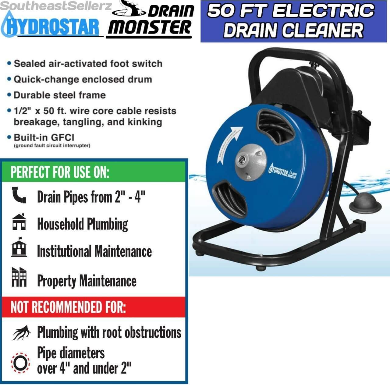 Hydrostar 1-2 inch by 50 feet Compact Electric Drain Cleaner Drum Auger Snake