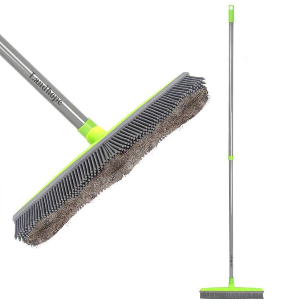 LandHope Push Broom Long Handle Rubber Bristles Sweeper